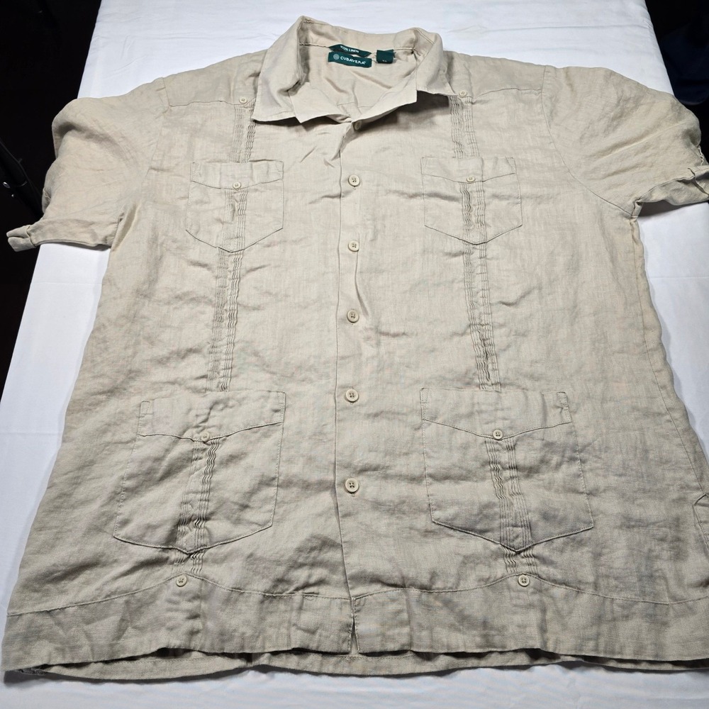 Cubavera Mens XL Beige 100% Linen‎ Guayabera Short Sleeve Button Down Shirt Tan